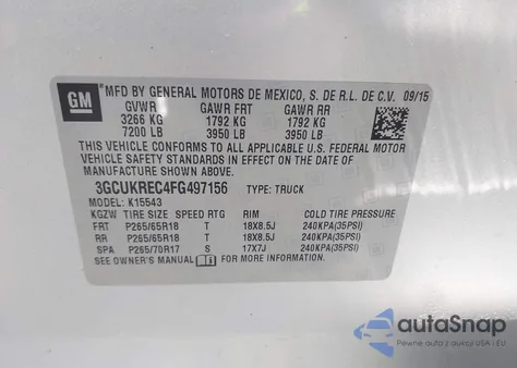 2015 Chevrolet Silverado 1500 2Lt z USA, uszkodzony, nr VIN 3GCUKREC4FG497156